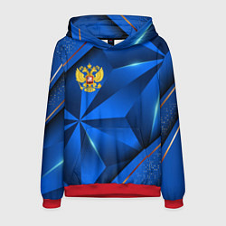Толстовка-худи мужская Герб РФ на синем объемном фоне, цвет: 3D-красный