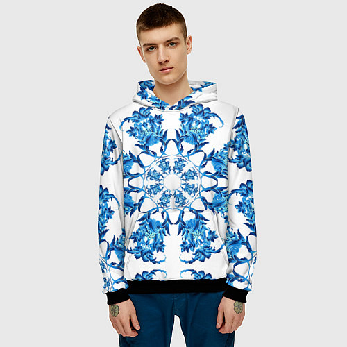 Мужская толстовка Гжель синий цветок / 3D-Черный – фото 3