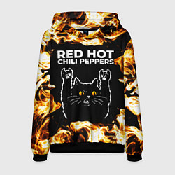 Толстовка-худи мужская Red Hot Chili Peppers рок кот и огонь, цвет: 3D-черный