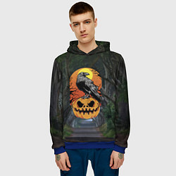 Толстовка-худи мужская Ворон, сидящий на тыкве - Halloween, цвет: 3D-синий — фото 2