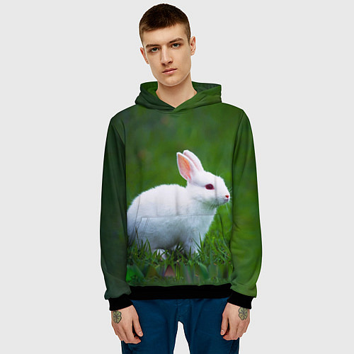 Мужская толстовка Кролик на фоне травы / 3D-Черный – фото 3