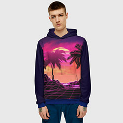 Толстовка-худи мужская Пальмы и пляж в розовом закате ретро дизайн, цвет: 3D-синий — фото 2