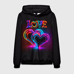 Толстовка-худи мужская Love - неоновые сердца, цвет: 3D-черный