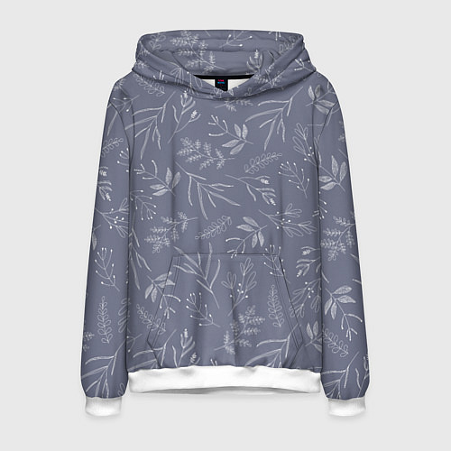 Мужская толстовка Минималистичный растительный узор на серо-голубом / 3D-Белый – фото 1