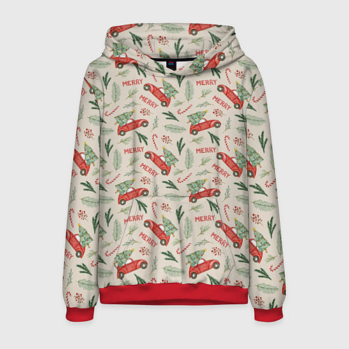 Мужская толстовка Красный ретроавтомобиль с новогодней ёлкой / 3D-Красный – фото 1