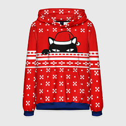 Толстовка-худи мужская Выглядывающий котик - красный свитер, цвет: 3D-синий