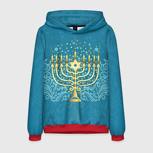 Мужская толстовка Золотая менора с синим цветочным орнаментом / 3D-Красный – фото 1