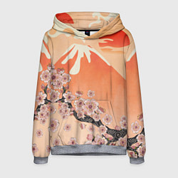 Толстовка-худи мужская Ветка цветущей сакуры и вулкан, цвет: 3D-меланж