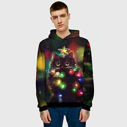 Толстовка-худи мужская Новогодний котик с гирляндой, цвет: 3D-черный — фото 2