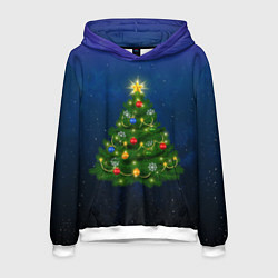Толстовка-худи мужская Новогодняя елка с яркой звездой, цвет: 3D-белый