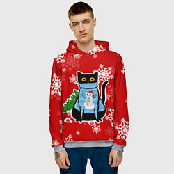 Толстовка-худи мужская Котик в свитере с ёлочкой, цвет: 3D-меланж — фото 2