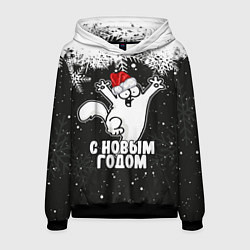 Толстовка-худи мужская С Новым годом - кот Саймона и снежинки, цвет: 3D-черный