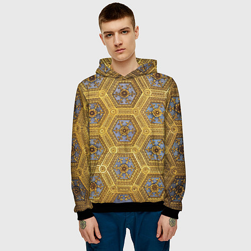 Мужская толстовка Золотистый паттерн с цветами и серыми ромбами / 3D-Черный – фото 3