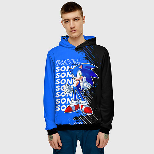 Мужская толстовка Соник на синем фоне / 3D-Черный – фото 3