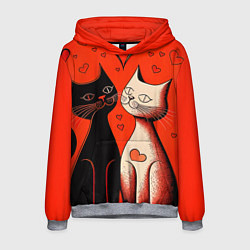 Толстовка-худи мужская Влюблённые кошки на красном фоне, цвет: 3D-меланж