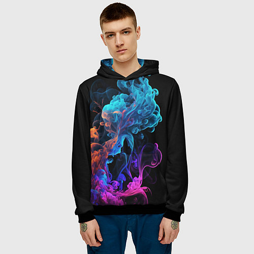 Мужская толстовка Неоновый цветной дым на черном фоне / 3D-Черный – фото 3