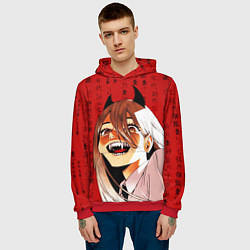 Толстовка-худи мужская Человек - бензопила Пауэр и иероглифы, цвет: 3D-красный — фото 2