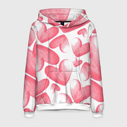 Толстовка-худи мужская Розовые акварельные сердца - паттерн, цвет: 3D-белый