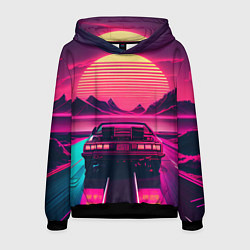 Толстовка-худи мужская Синтвейв закат и автомобиль, цвет: 3D-черный