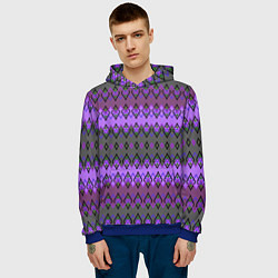Толстовка-худи мужская Серо-фиолетовый этнический геометрический узор, цвет: 3D-синий — фото 2