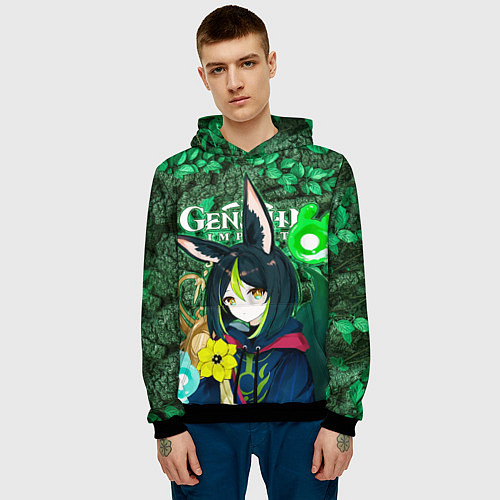 Мужская толстовка Тигнари на фоне листвы / 3D-Черный – фото 3