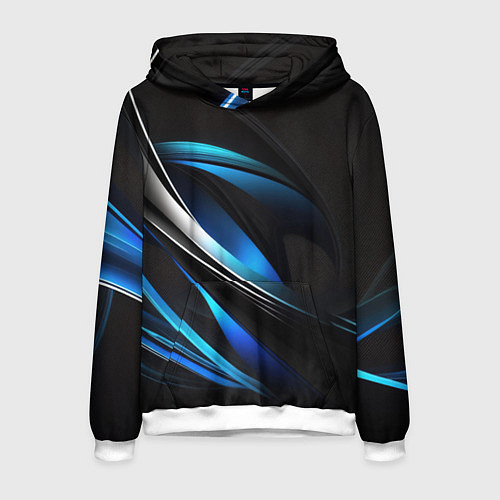 Мужская толстовка Абстрактные синие и белые линии на черном фоне / 3D-Белый – фото 1