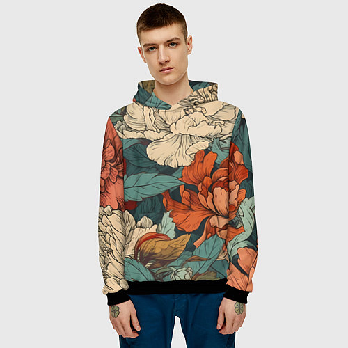 Мужская толстовка Цветущие пионы / 3D-Черный – фото 3