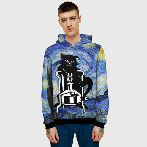 Мужская толстовка Кот Бегемот на примусе в Звездной ночи / 3D-Черный – фото 3