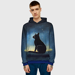 Толстовка-худи мужская Черный кот и звезды - акварель, цвет: 3D-синий — фото 2