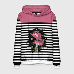 Толстовка-худи мужская Розовые акварельные маки на полосатом фоне, цвет: 3D-белый