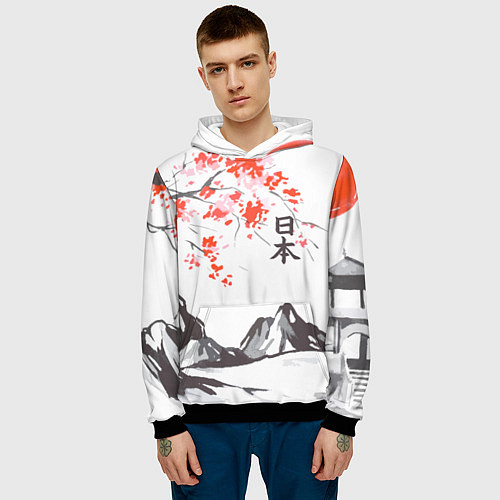 Мужская толстовка Цветущая сакура и солнце - Япония / 3D-Черный – фото 3