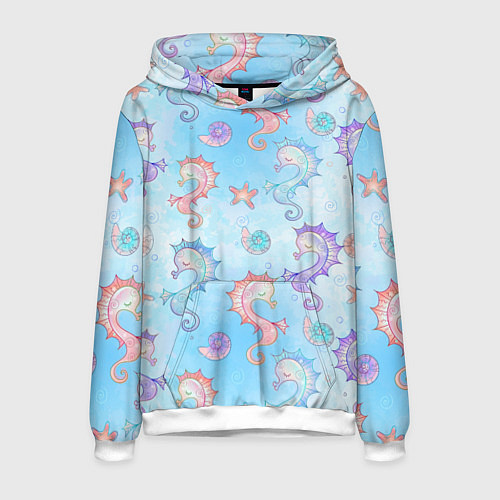 Мужская толстовка Морские коньки - паттерн / 3D-Белый – фото 1