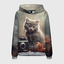 Толстовка-худи мужская Серый котенок, винтажное фото, цвет: 3D-меланж