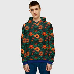 Толстовка-худи мужская Оранжевые цветы и зеленые листья, цвет: 3D-синий — фото 2