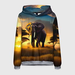 Толстовка-худи мужская Слон и рассвет в саванне, цвет: 3D-меланж