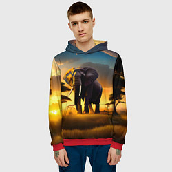 Толстовка-худи мужская Слон и рассвет в саванне, цвет: 3D-красный — фото 2