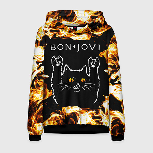 Мужская толстовка Bon Jovi рок кот и огонь / 3D-Черный – фото 1