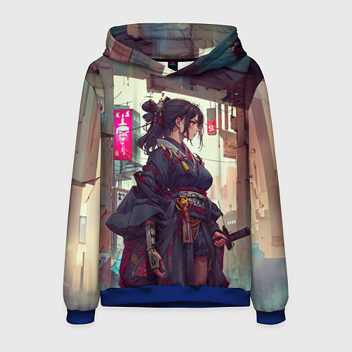 Мужская толстовка Кибер самурай девушка / 3D-Синий – фото 1