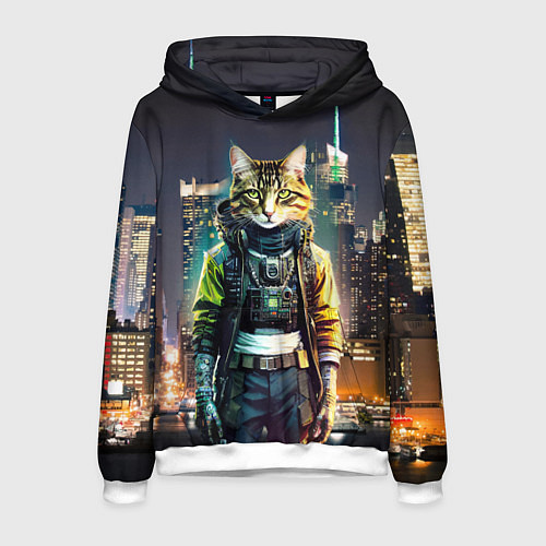 Мужская толстовка Cool cat in New York city at night / 3D-Белый – фото 1