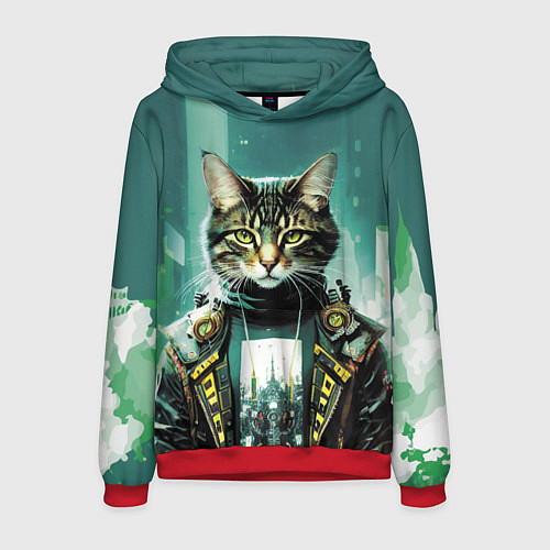 Мужская толстовка Funny cat on the background of skyscrapers / 3D-Красный – фото 1