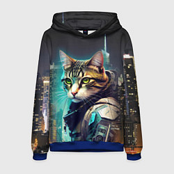 Толстовка-худи мужская Котяра в стиле киберпанк на фоне ночного города, цвет: 3D-синий