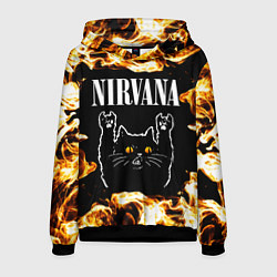 Толстовка-худи мужская Nirvana рок кот и огонь, цвет: 3D-черный