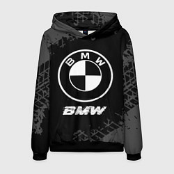 Мужская толстовка BMW speed на темном фоне со следами шин