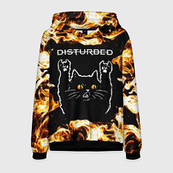 Толстовка-худи мужская Disturbed рок кот и огонь, цвет: 3D-черный