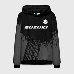 Толстовка-худи мужская Suzuki speed на темном фоне со следами шин: символ, цвет: 3D-черный