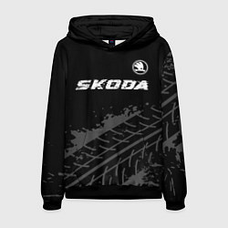 Толстовка-худи мужская Skoda speed на темном фоне со следами шин: символ, цвет: 3D-черный
