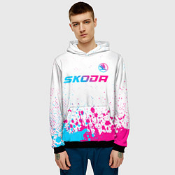 Толстовка-худи мужская Skoda neon gradient style: символ сверху, цвет: 3D-черный — фото 2