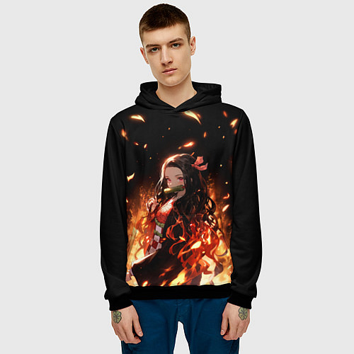 Мужская толстовка Незуко и пламя - клинок / 3D-Черный – фото 3