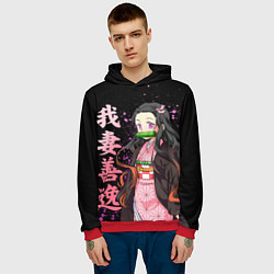 Толстовка-худи мужская Незуко комадо и иероглифы - клинок, цвет: 3D-красный — фото 2