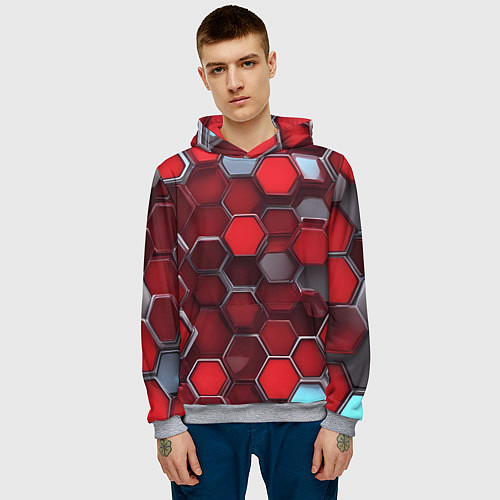 Мужская толстовка Cyber hexagon red / 3D-Меланж – фото 3